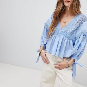 Free People Baby Blue Balloon Sleeve Top